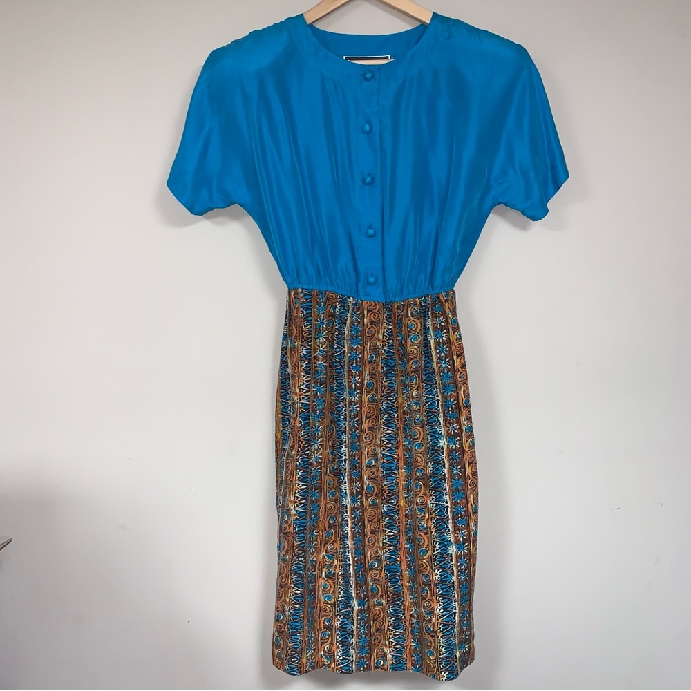 Vintage Silk 80s 90s Y2K Shirt Dress Womens Small Blue Aztec Tribal flowy Skirt